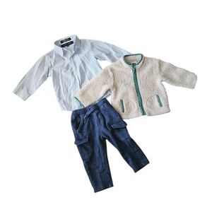 Striped Shirt, Fleece Jacket, and Blue Pants Set
